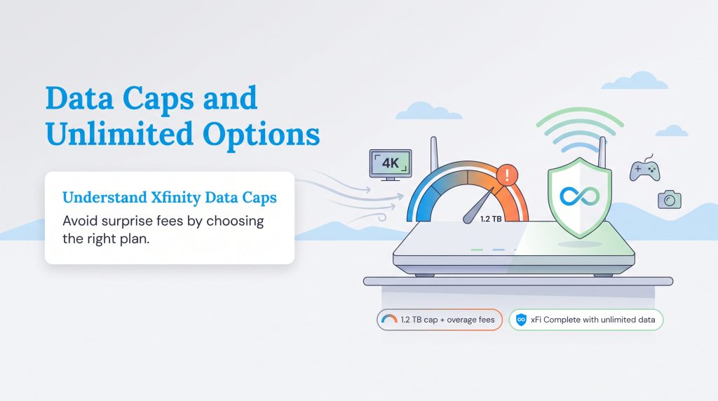 Illustration comparing standard 1.2 TB Xfinity data caps to the unlimited xFi Complete plan.