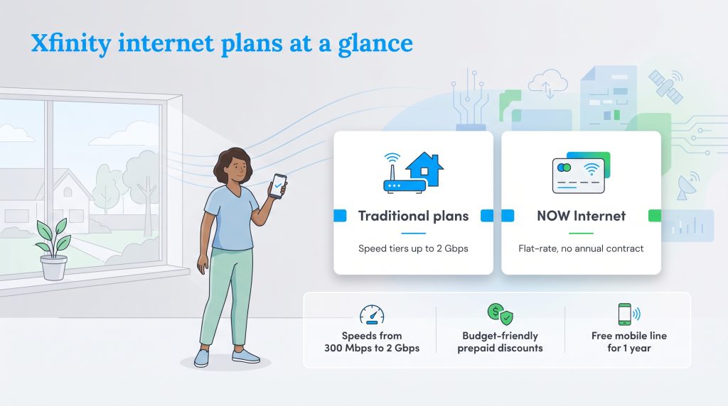 Graphic comparing Xfinity traditional plans and flat-rate NOW Internet options