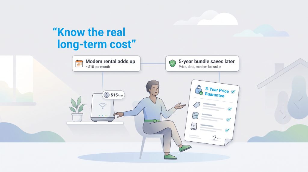 Illustration comparing ongoing modem rental fees with a 5-year price guarantee bundle.