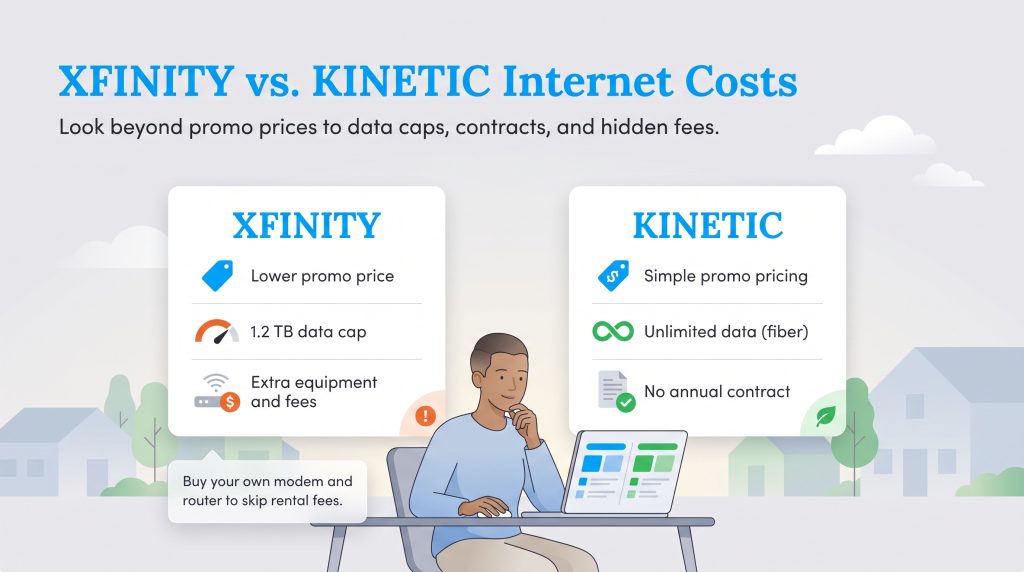 Comparison of Xfinity and Kinetic internet costs, data caps, and contract terms