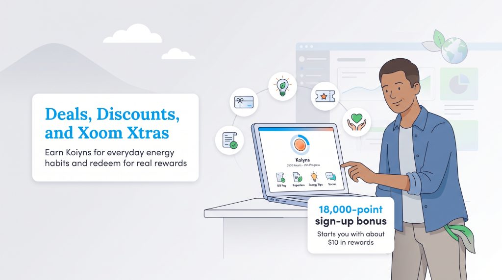 Illustration of a man pointing to a laptop displaying the Xoom Xtras loyalty rewards program
