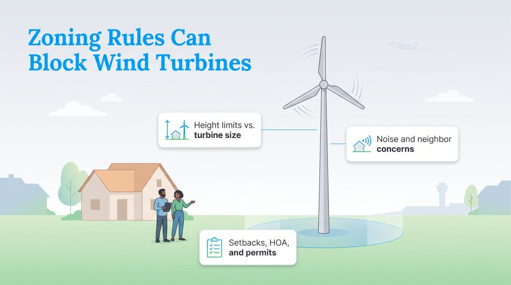 Illustration of a residential wind turbine highlighting zoning, noise, and setback challenges.