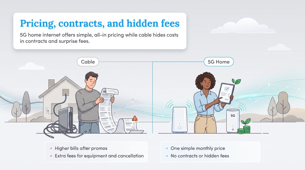 Comparison of cable internet with long bills versus 5G home internet with simple pricing