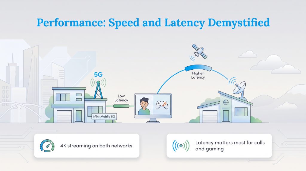 Diagram comparing low latency Mint Mobile 5G with higher latency satellite internet