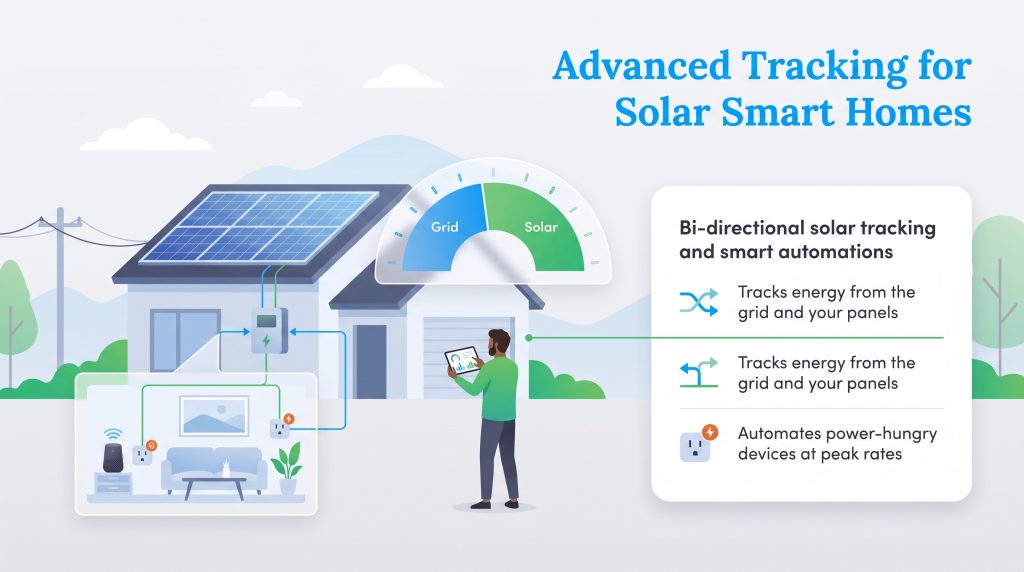Illustration of a solar-powered smart home with bi-directional grid and solar tracking