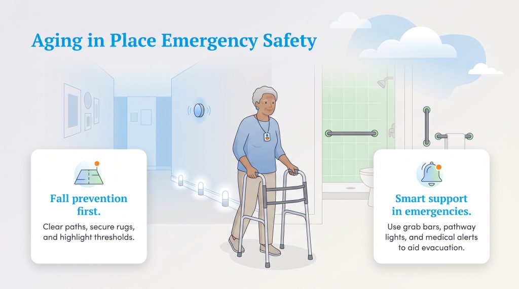 An older woman with a walker in a home showing fall prevention and emergency safety features.