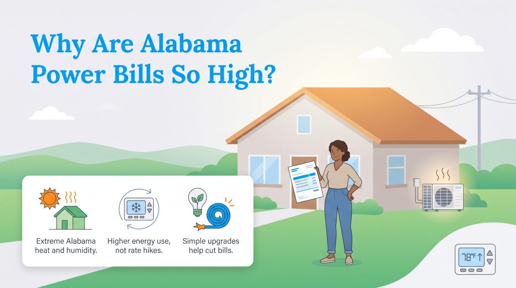 Woman holding power bill outside her home with infographics explaining high summer energy costs.
