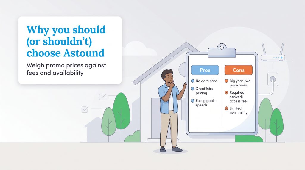 Man standing next to a clipboard showing the pros and cons of Astound Broadband.