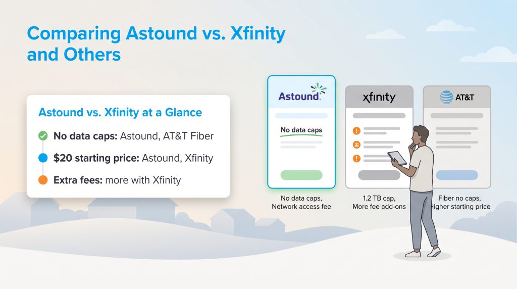 Comparison chart of internet plan features for Astound, Xfinity, and AT&T