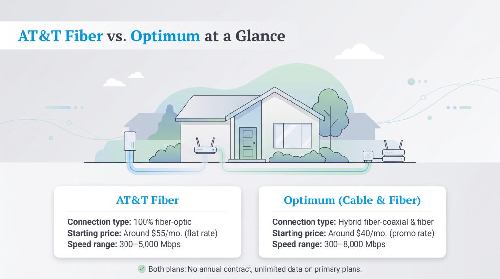 Comparison chart of AT&T Fiber and Optimum internet connection types, prices, and speeds.