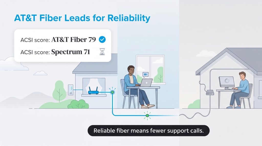 Diagram showing AT&T Fiber with ACSI score 79 versus Spectrum with score 71.