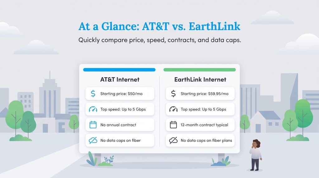 Comparison table of AT&T vs EarthLink internet showing price, speed, contract, and data caps.