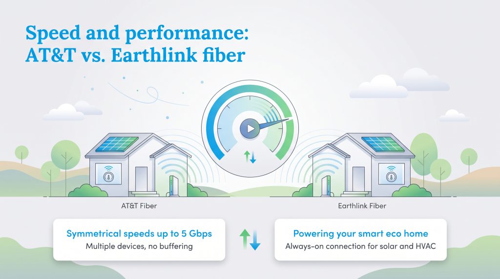 Illustration comparing AT&T and Earthlink fiber speeds up to 5 Gbps for smart homes