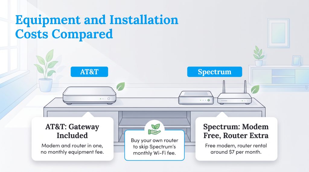 Comparison of AT&T's included gateway versus Spectrum's free modem and extra router fee.