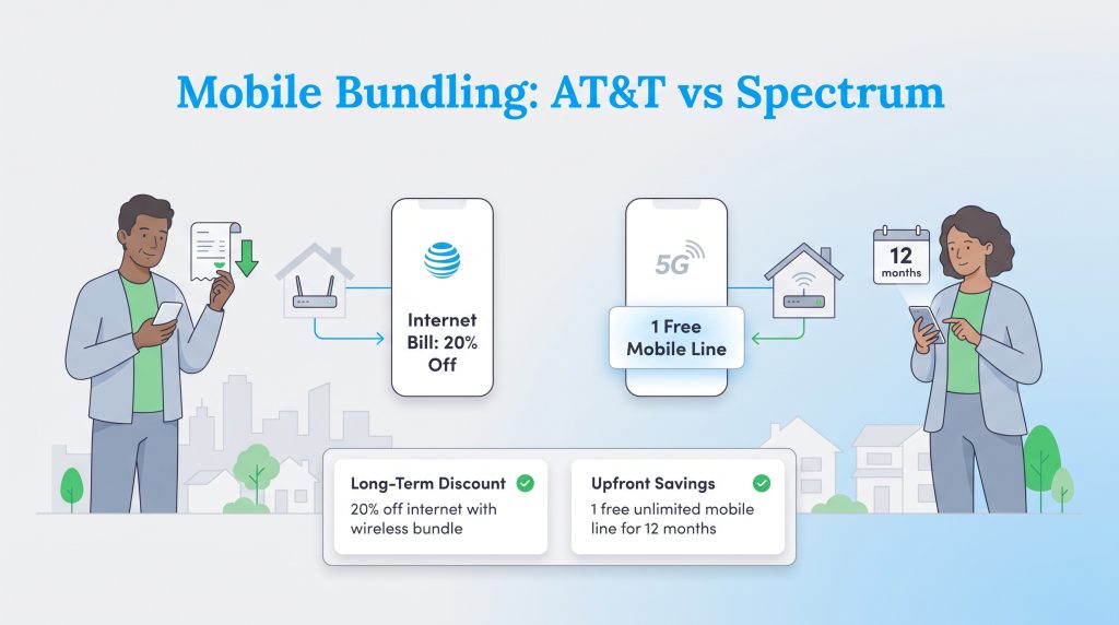 AT&T versus Spectrum mobile bundling comparison showing discounts and free line promotions.