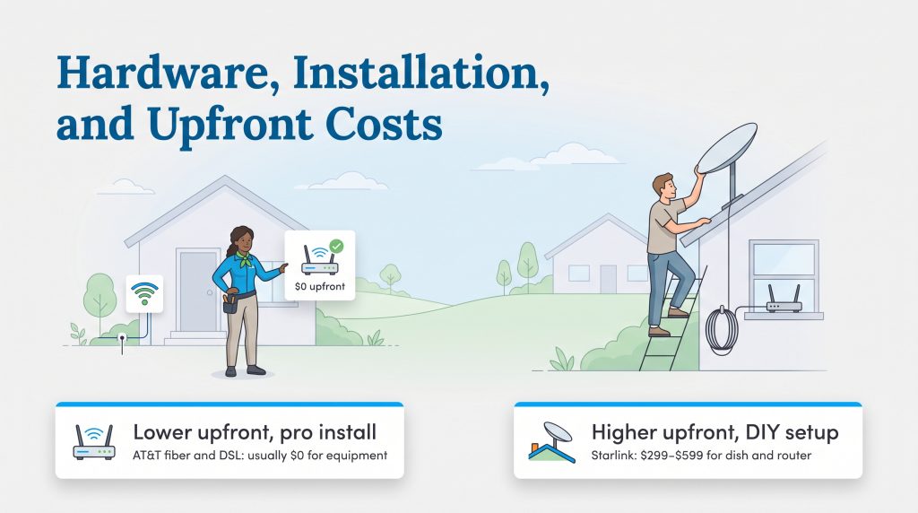 Comparison of AT&T low-cost pro installation and Starlink high-cost DIY setup