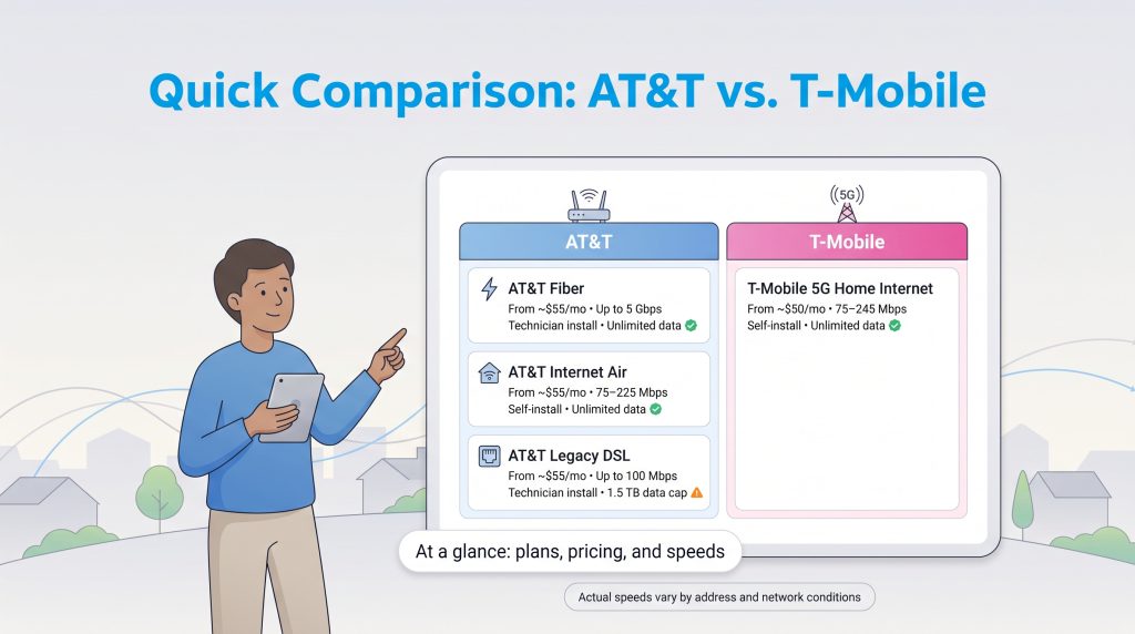 Comparison chart showing AT&T and T-Mobile internet plans, pricing, and speeds.