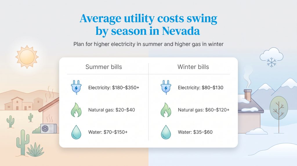 Chart comparing summer and winter utility costs for electricity, natural gas, and water in Nevada.