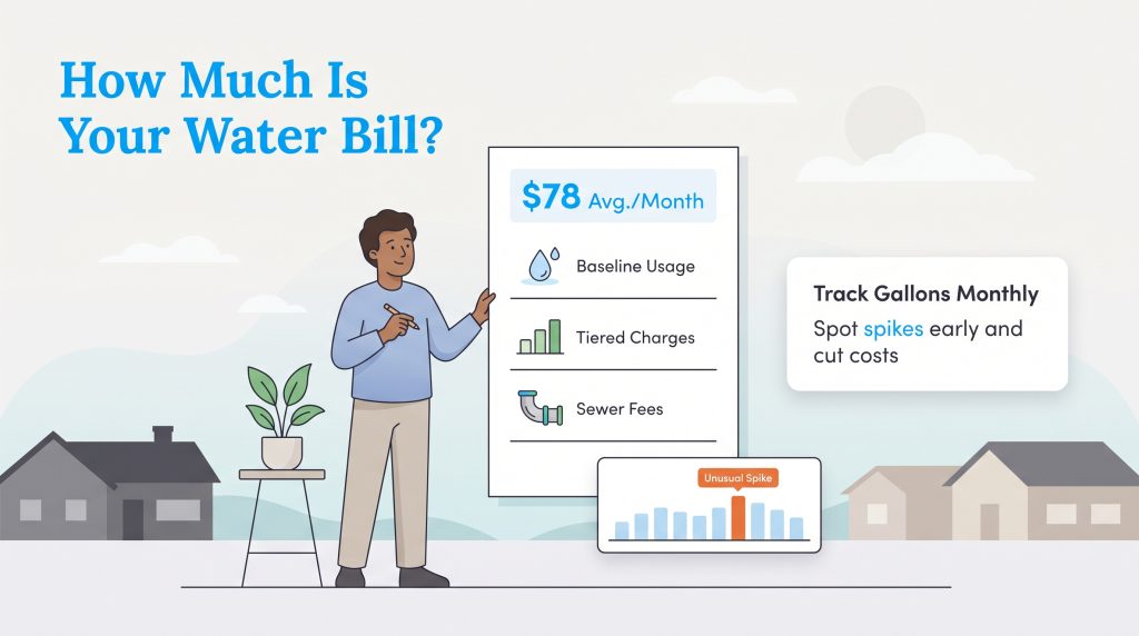 Graphic showing components of a 78 dollar average water bill and usage tracking