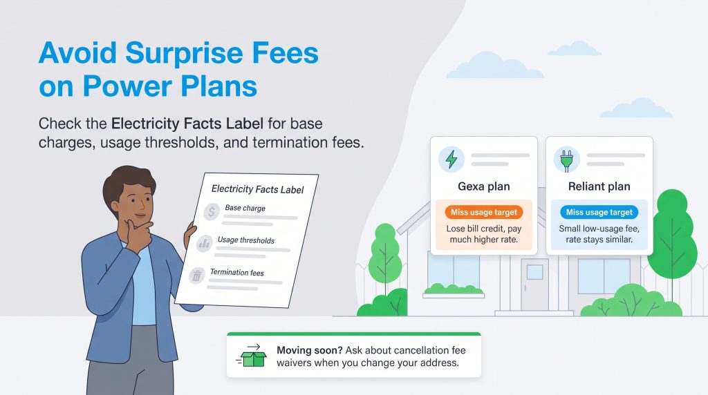 Graphic showing how to avoid surprise fees by checking the Electricity Facts Label