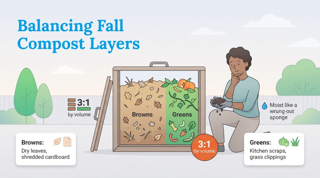 Illustration of a compost bin showing a 3 to 1 ratio of brown to green materials