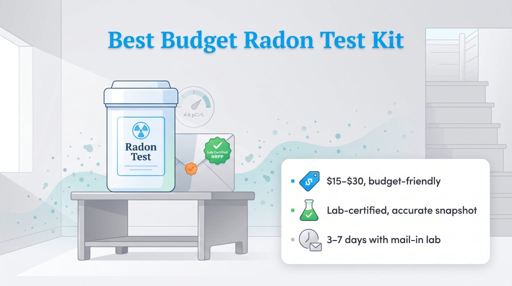 Graphic showing a budget radon test canister with key benefits like low cost and lab accuracy