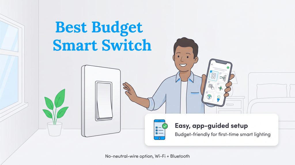 Illustration of a man holding a phone showing app-guided setup next to a smart light switch