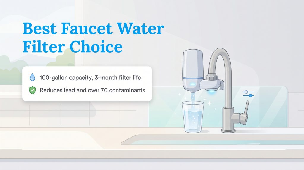 Faucet water filter filling a glass with key features like 100-gallon capacity and lead reduction