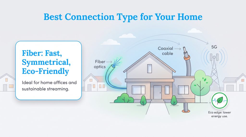 Diagram comparing fiber optics, coaxial cable, and 5G connections for a home.