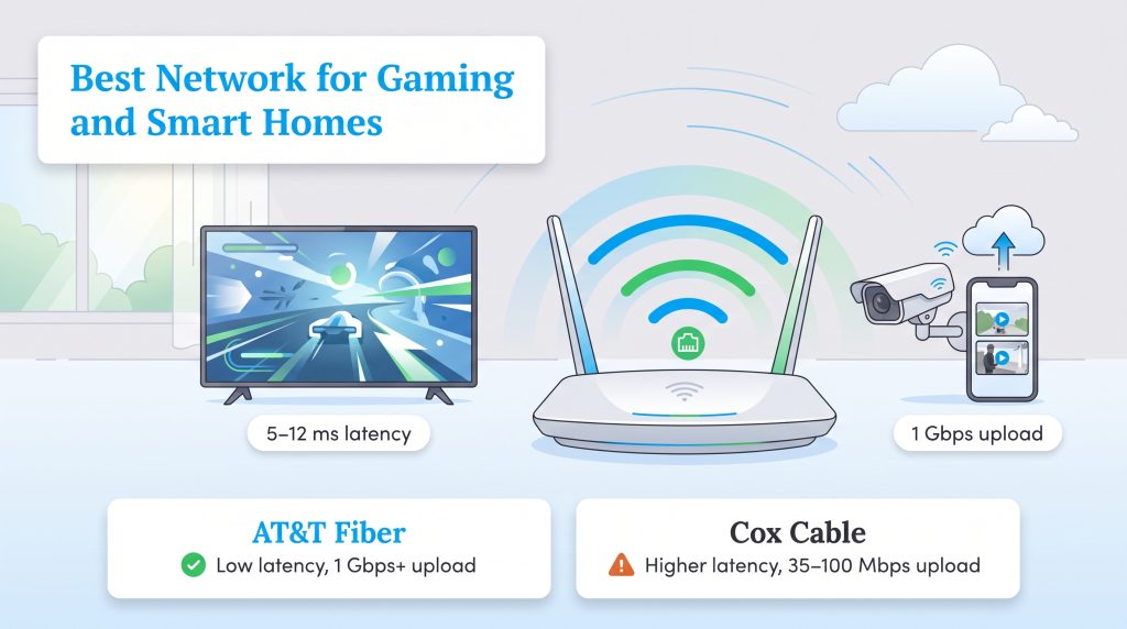 Graphic comparing AT&T Fiber and Cox Cable speeds for gaming and smart homes