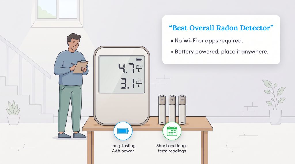 Illustration of a radon detector displaying readings next to three AAA batteries.