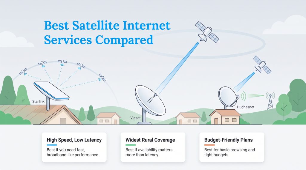 Comparison of Starlink, Viasat, and Hughesnet satellite internet connectivity methods