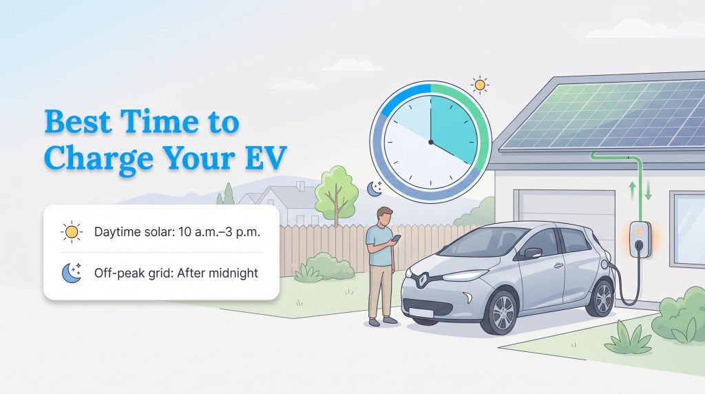 Illustration showing the best daytime solar and off-peak times to charge an electric vehicle.