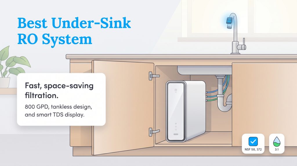 Illustration of a tankless RO water filtration system installed under a kitchen sink