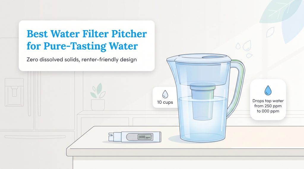 Illustration of a 10-cup ZeroWater filter pitcher and TDS meter on a kitchen counter.