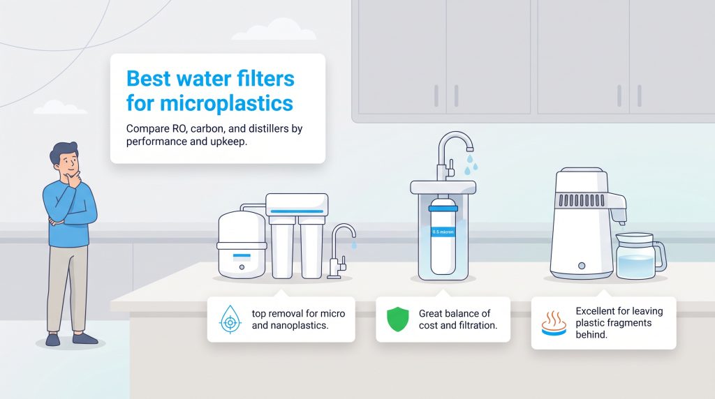 Comparison of reverse osmosis, carbon filters, and distillers for removing microplastics.