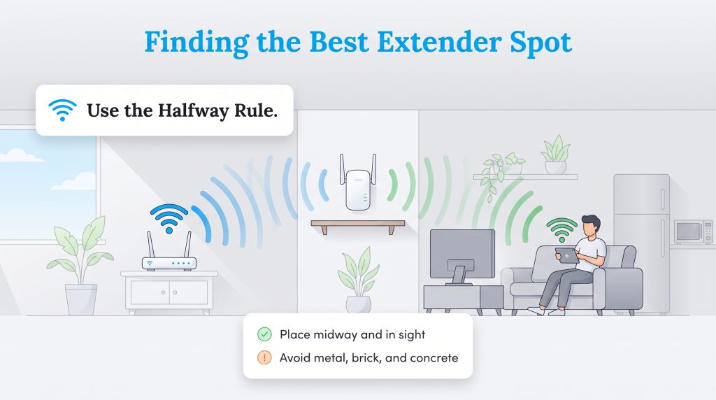 Illustration showing a Wi-Fi extender placed halfway between a router and a user