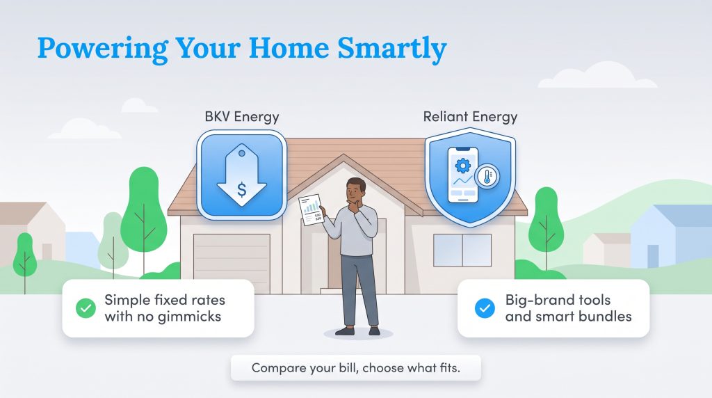 A man compares BKV Energy simple rates with Reliant Energy big-brand tools for his home.