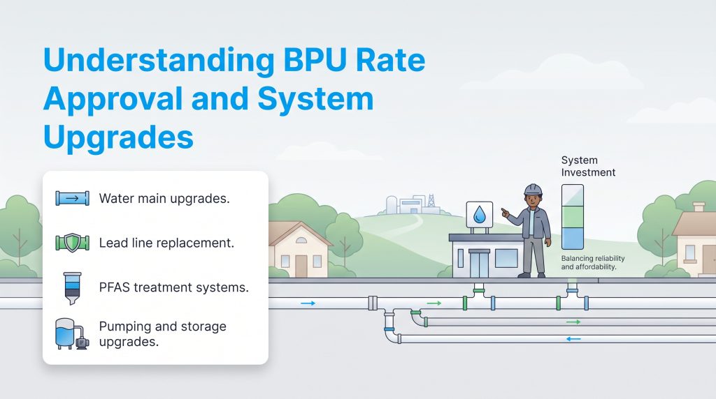 Diagram showing planned water utility upgrades like lead line replacement and PFAS treatment.