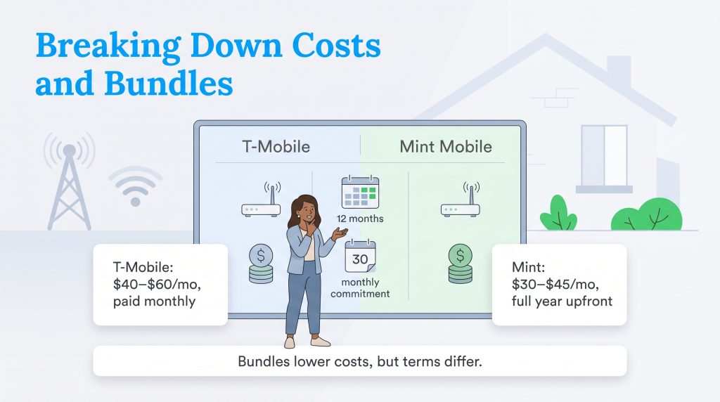 Comparison infographic of T-Mobile and Mint Mobile home internet costs and payment terms