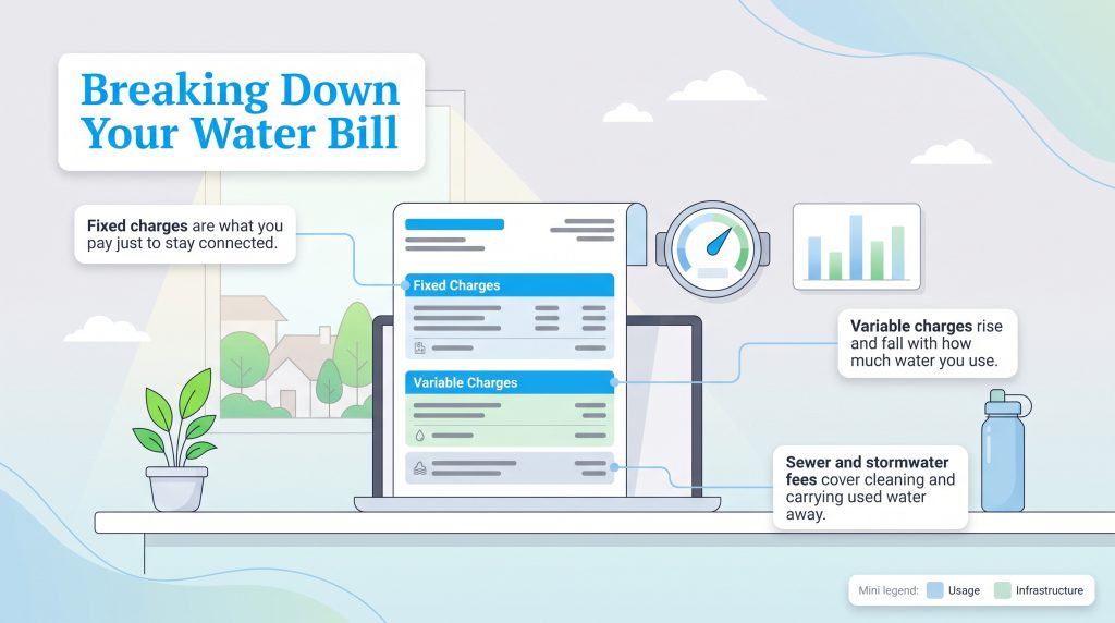 Infographic breaking down fixed, variable, and sewer charges on a standard water bill.