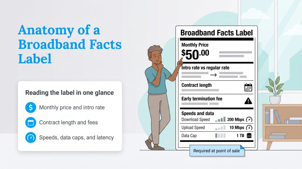 Graphic breakdown of an FCC Broadband Facts Label highlighting pricing, terms, and speeds.