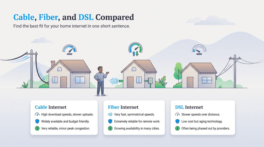Comparison chart showing speed, reliability, and cost for Cable, Fiber, and DSL internet.