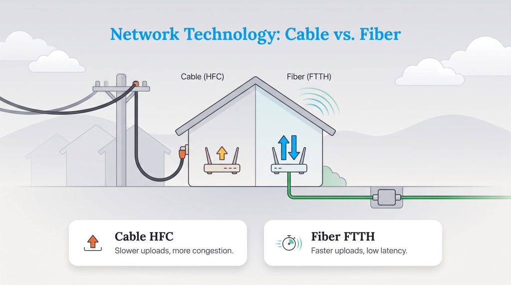 Diagram comparing Cable HFC with overhead wires to Fiber FTTH with underground connections.