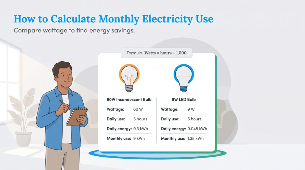 Comparison of energy use between a 60W incandescent bulb and a 9W LED bulb