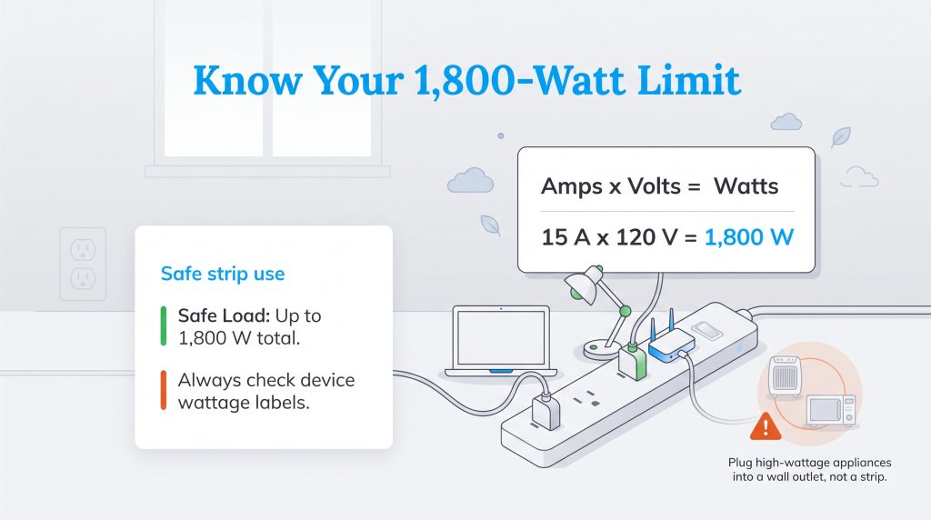 Diagram showing Amps x Volts = Watts formula and a power strip with safe load limits.