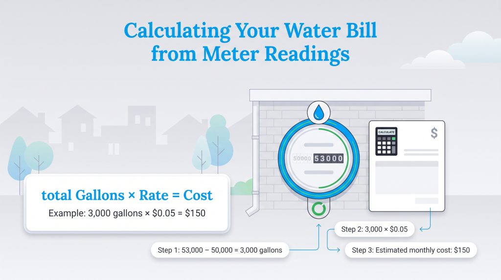 Diagram showing steps to calculate a water bill using meter reading numbers.