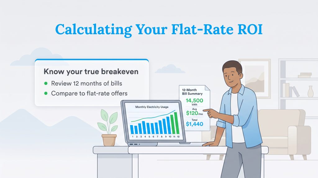 Illustration of a man reviewing his 12-month electricity usage and bill summary on a screen.