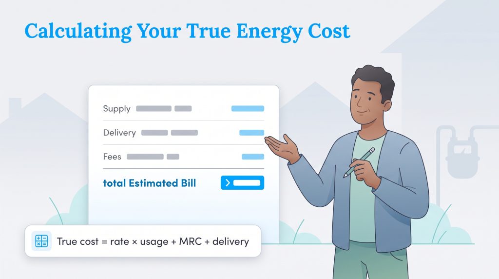An illustration showing a man explaining the components of a true energy cost calculation