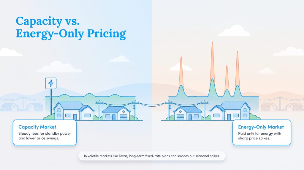Comparison of stable pricing in capacity markets and volatile price spikes in energy-only markets